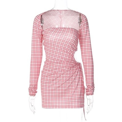 OEM  long -sleeved short skirt side polyester women's pink lattice dress