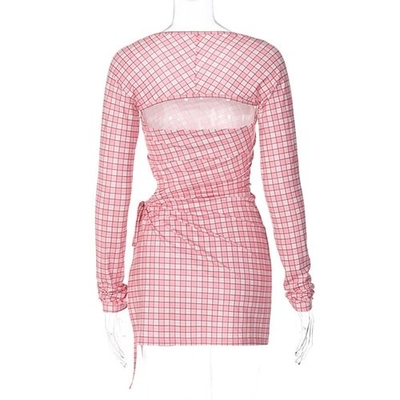 OEM  long -sleeved short skirt side polyester women's pink lattice dress