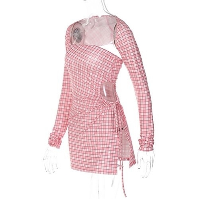 OEM  long -sleeved short skirt side polyester women's pink lattice dress