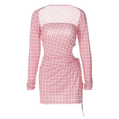 OEM  long -sleeved short skirt side polyester women's pink lattice dress