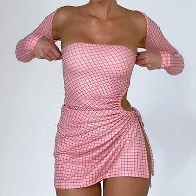 OEM  long -sleeved short skirt side polyester women's pink lattice dress
