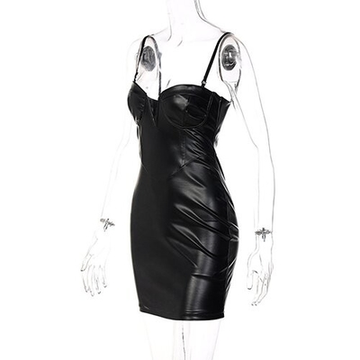 OEM  New Women's  Deep V -neck sleveless polyester Deep -back dress high -waist hip tight PU leather skirt