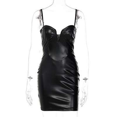OEM  New Women's  Deep V -neck sleveless polyester Deep -back dress high -waist hip tight PU leather skirt