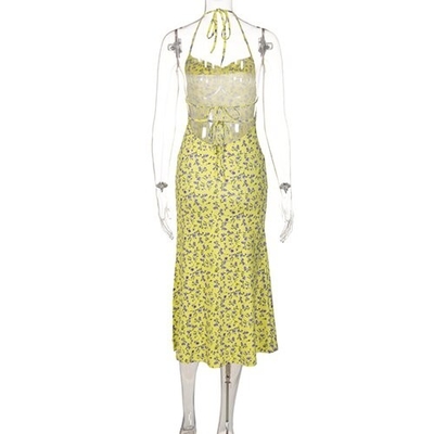OEM  European and American printed flower sleeveless  sling long skirt sexy back strap