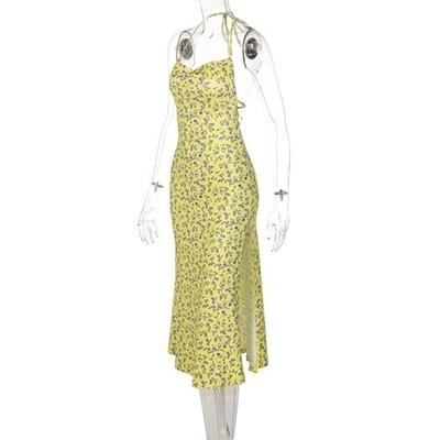 OEM  European and American printed flower sleeveless  sling long skirt sexy back strap