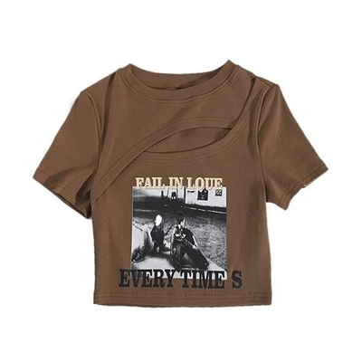 OEM Cross -border summer new European and American sexy female decoration T -shirts fashion printing hollowed umbilical