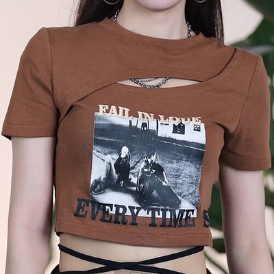 OEM Cross -border summer new European and American sexy female decoration T -shirts fashion printing hollowed umbilical