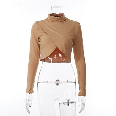 OEM maufactory European and American women's sexy long -sleeved T -shirt elastic slim tube top irregular split umbilic