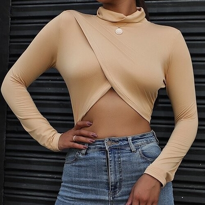 OEM maufactory European and American women's sexy long -sleeved T -shirt elastic slim tube top irregular split umbilic