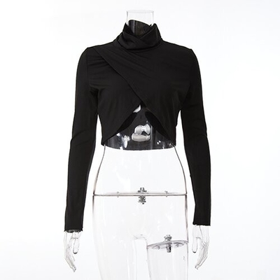 OEM maufactory European and American women's sexy long -sleeved T -shirt elastic slim tube top irregular split umbilic