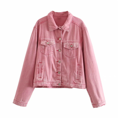 OEM Recreational Contracted Pink Ladies Denim Jacket For Spring