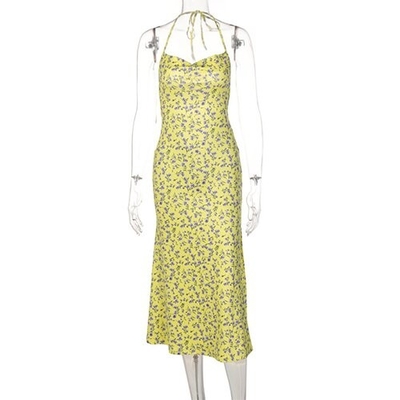 OEM  European and American printed flower sleeveless  sling long skirt sexy back strap