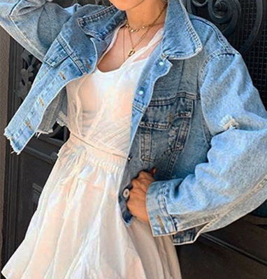 Trendy Unisex Distressed Cropped Jacket Vintage Wash Oversized Denim Coat